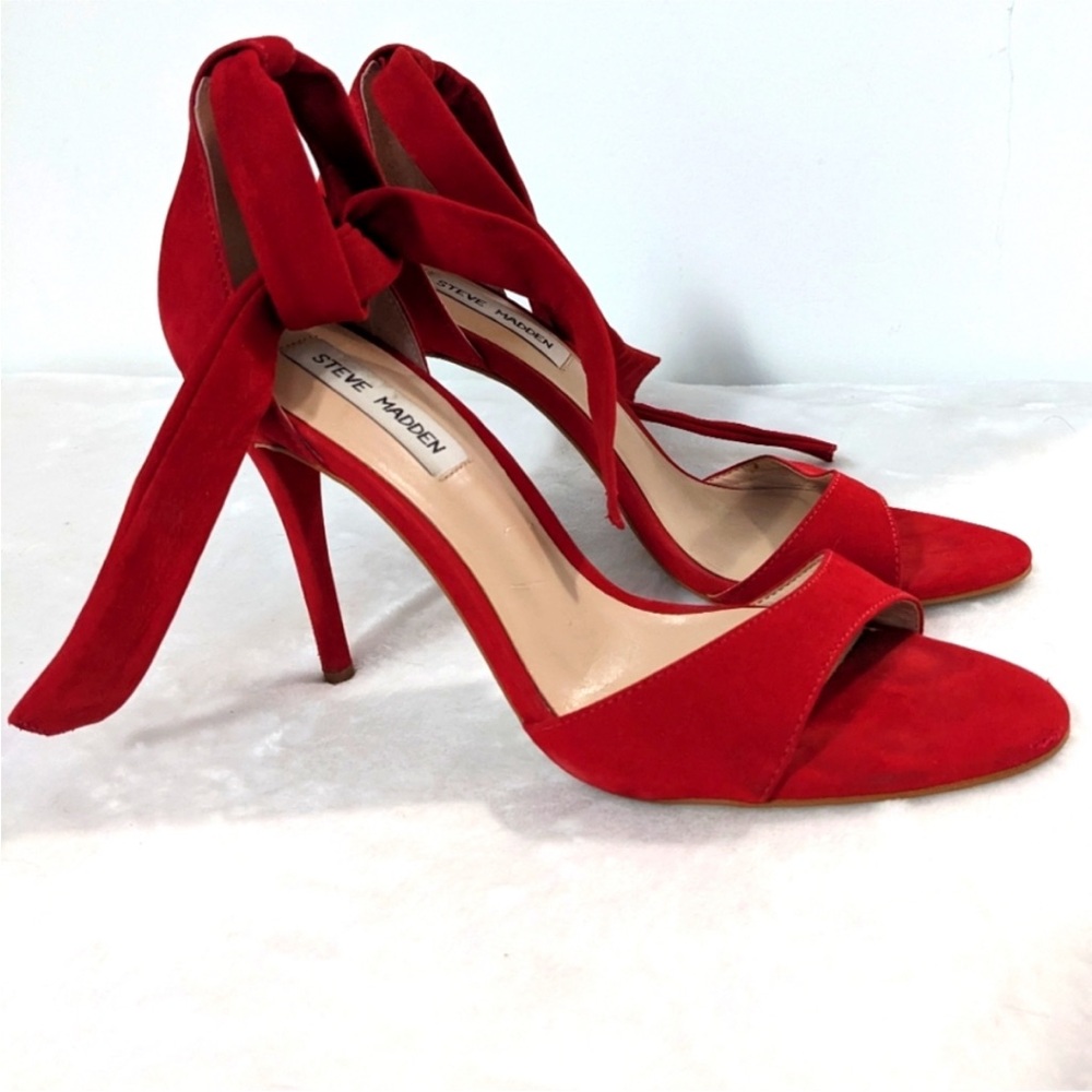 Worn once ! Steve Madden heels-  red suede, open toe with ankle tie- size 10